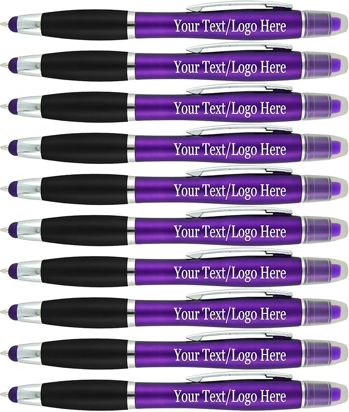 Personalized Pens with Gel Highlighter and Stylus -200 Pack Bulk-Free Imprint - 3 In Bible Highlighter No Bleed, Ballpoint Pen, and Stylus Combo- add Custom Name, Logo or Gift Message- Purple