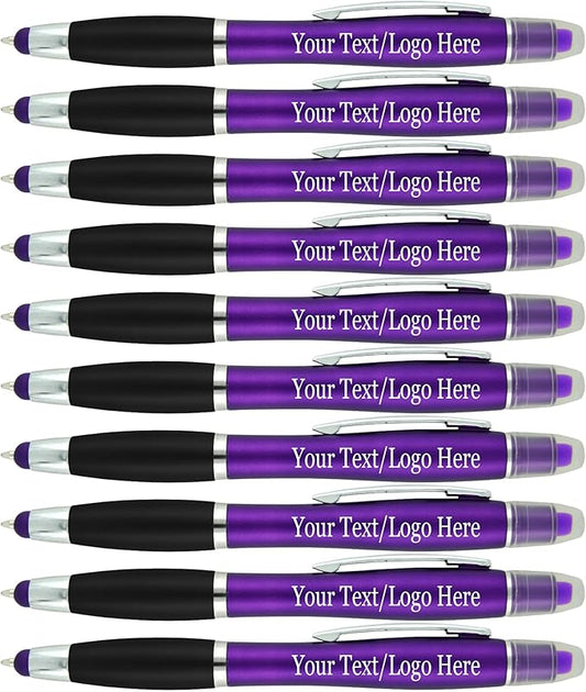 Personalized Pens with Gel Highlighter and Stylus -200 Pack Bulk-Free Imprint - 3 In Bible Highlighter No Bleed, Ballpoint Pen, and Stylus Combo- add Custom Name, Logo or Gift Message- Purple