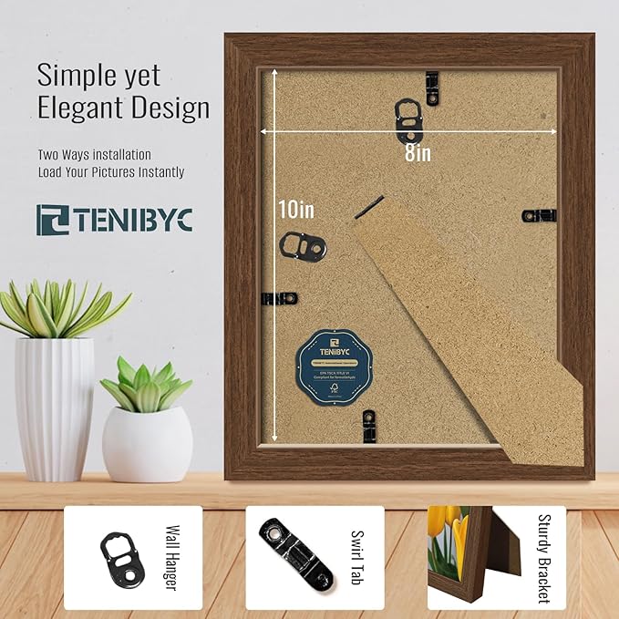 8x10 Picture Frame Set of 4, Brown Wood Grain, HD Tempered Glass, 8 x 10 Photo Frame, Table or Wall Display, Office Decoration