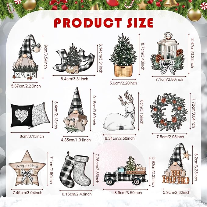 Huwena 36 Pcs Christmas Wooden Ornaments Buffalo Plaid Christmas Decorations for Tree Snowman Gnomes Poinsettia Flowers Truck Wreath Wood Cutouts Tags with Ropes Winter Decor for Xmas Tree Gifts