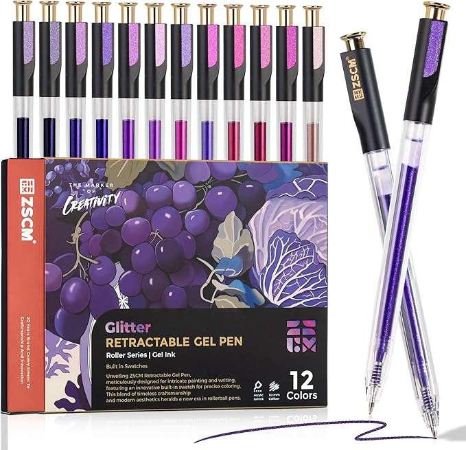 Retractable Glitter Gel Pens, 12 Colors Large Capacity Purple Glitter Metallic Gel Ink Pens, 1 mm Fine Point Smooth Writing Color Pens for Adult Coloring Book Note Taking Aesthetic Art Supplies