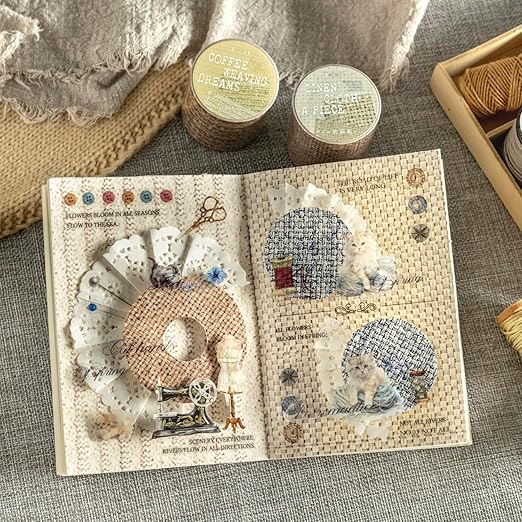 Fabric-Patterned Washi Sticker Set, 6 Rolls Vintage Stickers for Scrapbooking, Journaling, DIY Crafts, and Decorative Wrapping
