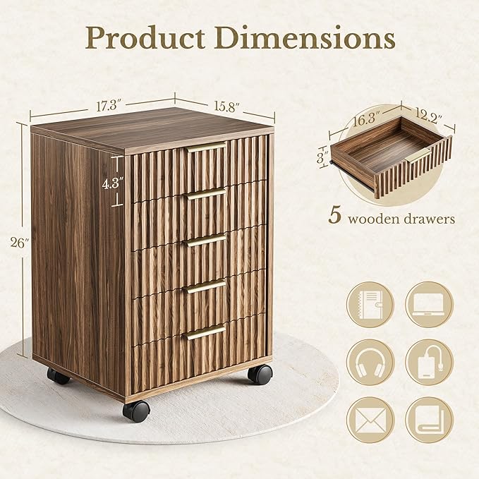 5 Drawer Chest, Under Desk Storage Wood Drawers with Wheels, Fluted File Cabinet for Home Office, Black Walnut