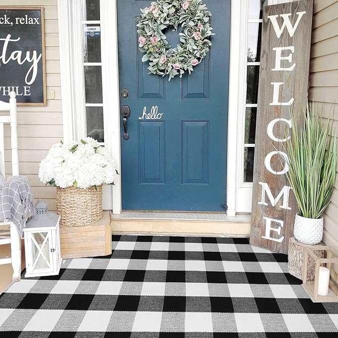 KIMODE Buffalo Plaid Christmas Outdoor Rug 3x5, Farmhouse Cotton Front Door Mat, Washable Black and White Checkered Rug for Christmas Welcome Layered Door Mat Front Porch Entryway Kitchen