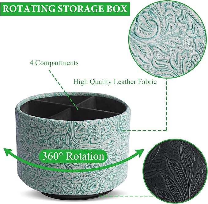 lizimandu Round Leather Art Supply Organizer,Remote Control Holder,360 Degree Spinning,Multi-Functional Pencil Holder,4 Compartments Desktop Stationary Organizer(1-Carved Stone Green)
