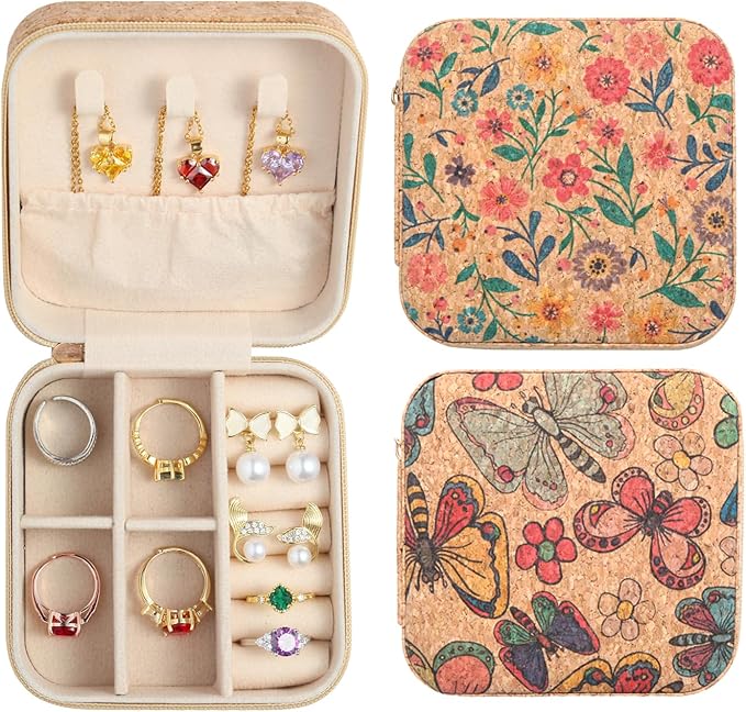 2 Pack Travel Jewelry Case – Small Retro Print Jewelry Organizer Box, Portable PU Leather Mini Storage for Rings, Earrings, Necklaces, Bracelets – Gift for Women & Girls