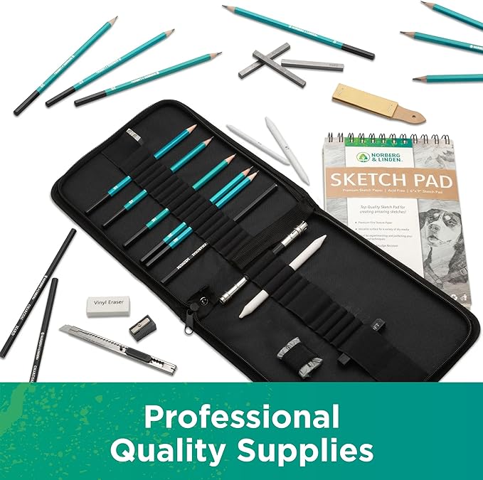 Norberg & Linden XL Drawing Set - Sketching, Graphite and Charcoal Pencils. Includes 100 Page Drawing Pad, Kneaded Eraser, Blending Stump. Art Kit and Supplies for Kids, Teens and Adults