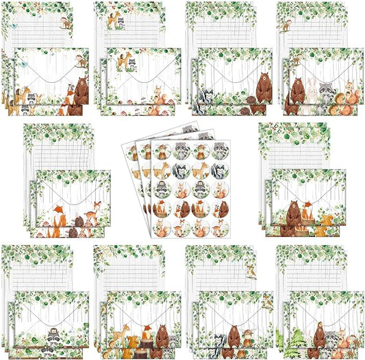 TaoBary 160 Pcs Stationery Paper Set 50 Double Sided Stationery Papers with 50 Matching Envelopes and 60 Round Dot Sticker, 10 Design(Land Animal,5.5 x 8.25 Inch)