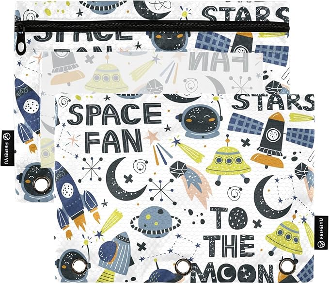 ZAZYXTJ Space Binder Pencil Pouchs 3 Ring with Zipper Clear Window Office Organizers bag for School Students Teacher Supplies 2 Pack