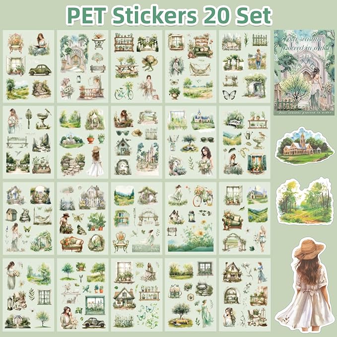 Spring Theme Sticker Scrapbooking Supplies for Junk Journal, 20 Sheets PET Stickers - Vintage Journaling Stickers, Ephemera Sticker Book Pre Cut(TZ-006-004)