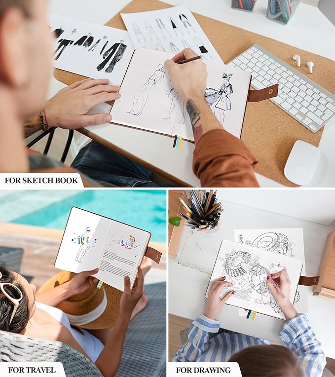 Blank Journal Notebook, A5 Hardcover Leather Sketchbook with 200 Pages Thick Blank Paper for Men Women, Unlined Drawing & Writing Journal, 5.9" x 8.4" Plain Notebook (dark brown)