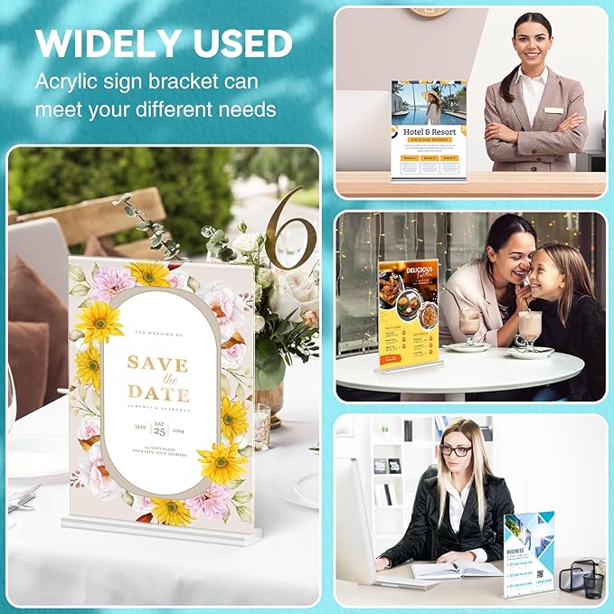 Relx 6 Pack Acrylic Sign Holder 8.5 x 11, Vertical T Shape Plastic Sign Holder with Base, Double-Sided Clear Tabletop Plexiglass Flyer Stands for Restaurant Office Store Home Picture Frame Display