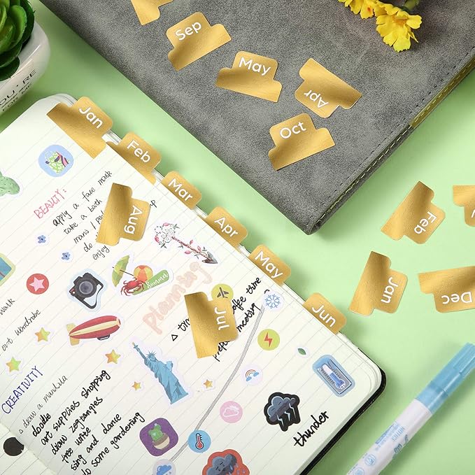 72 Pieces Adhesive Monthly Planner Tabs Monthly Index Stickers Decorative Label Calendar Stickers for Office Study Planner Journal Notebook Back to School Accessories(Gold)