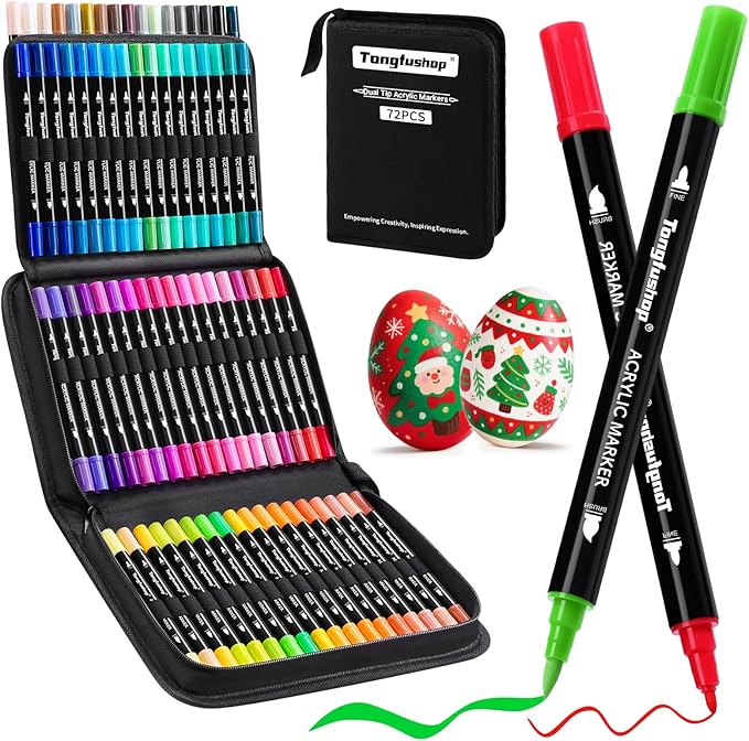 Tongfushop 72 Colors Acrylic Paint Markers, Dual Fine & Brush Tip Paint Pens, No Bleed for DIY Crafts, Rock Painting, Canvas, Wood, Glass, Ceramic, Art Supplies Kit with Case for Artists, Adults, Kids