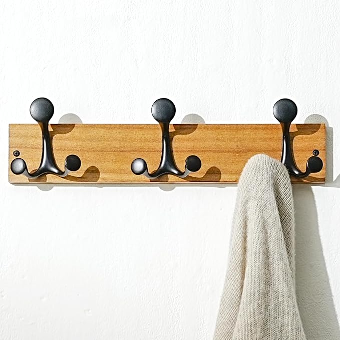 SKOLOO 17-Inch Light Brown Wood Coat Rack Wall Mount with 3 Triple Hooks - Ideal for Family Entrances, Classrooms, and Pet Supplies Storage - Perfect Coat Hooks for Wall