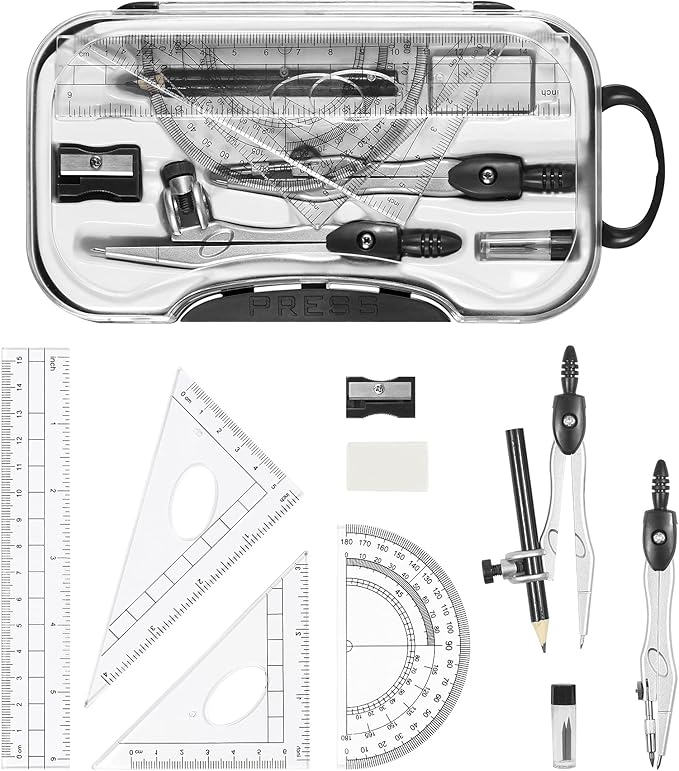 Math Geometry Kit Sets 10 Piece Student Supplies with Shatterproof Storage Box,Includes Rulers,Protractor,Compass,Eraser,Pencil Sharpener,Lead Refills,Pencil,for Drafting and Drawings（Black）