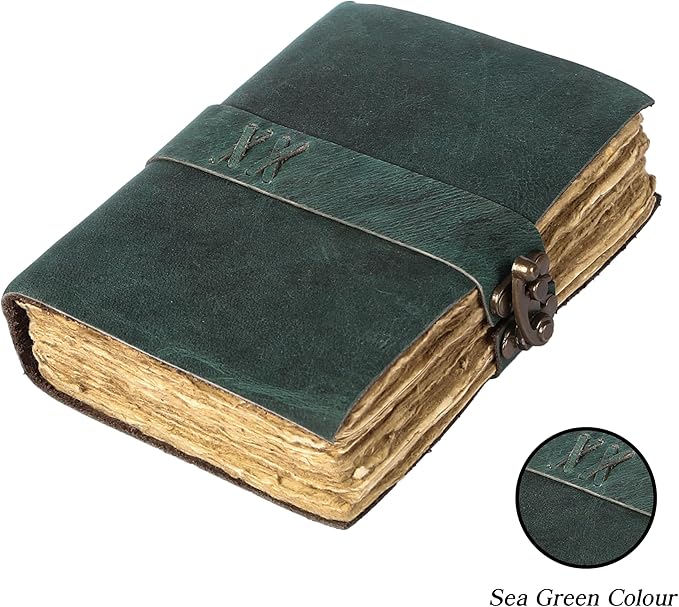 Vintage Leather Journal Handmade Buffalo Non-Refillable Deckle Edge Paper – Leather Bound Journal for Women, Men, C-Lock Closure Ideal for Writing & Travel for Artists (Sea Green)