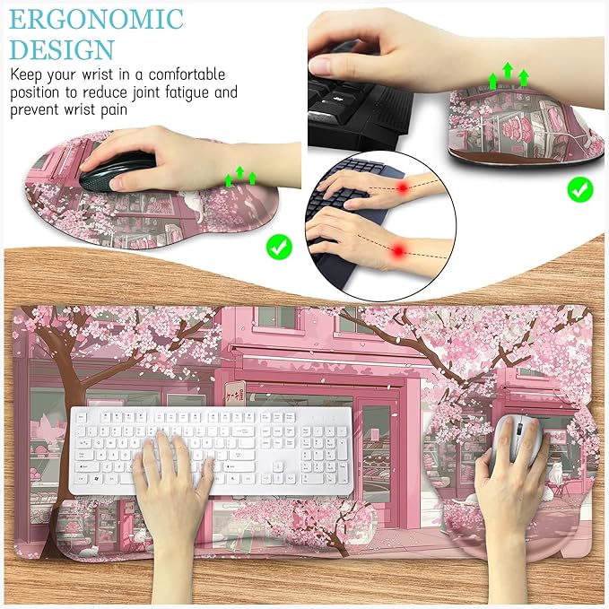 Anime Cat Mouse Pad Set, XXL Gaming Mouse Pad with Wrist Rest, Keyboard Mat, Cat Coaster, Cute Office Desk Decor Accessories, Pink Lycra
