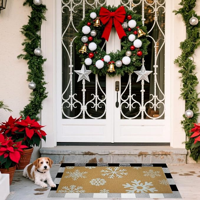 2 Pcs Christmas Welcome Doormats 30 x 17 Inch Winter Snowflakes Coir Door Mats for Front Doors Nonslip 2-in-1 Seasonal Buffalo Plaid Rug for Christmas Holiday Outside Entrance Porch Home Decor
