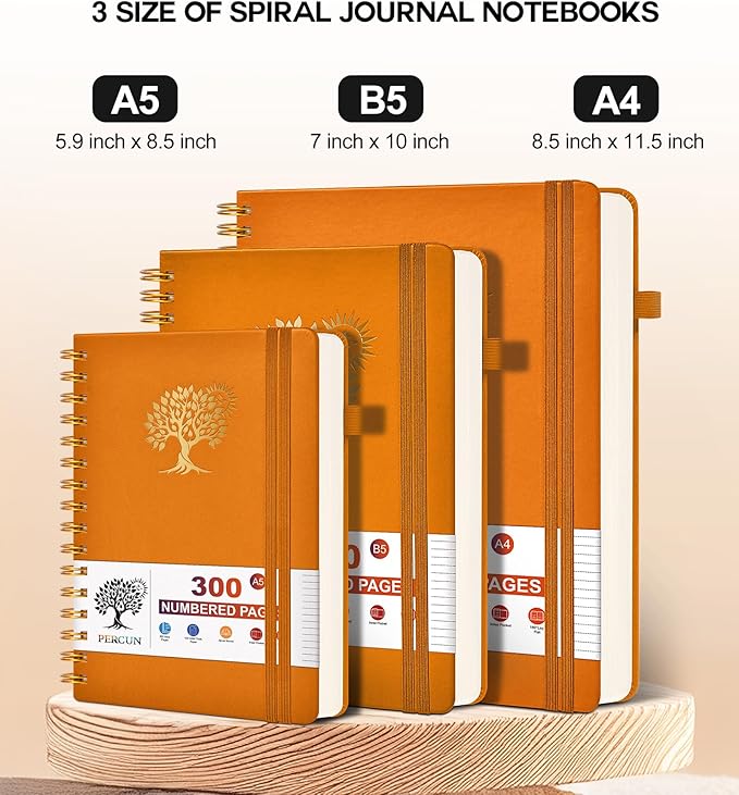 Spiral Notebook Journal for Women Men, 300 Numbered Lined Pages, College Ruled, A5 Hardcover Spiral Bound Notebook for School, Work, Note Taking Writing, Leather Spiral Journal Medium 5.9"x8.5"