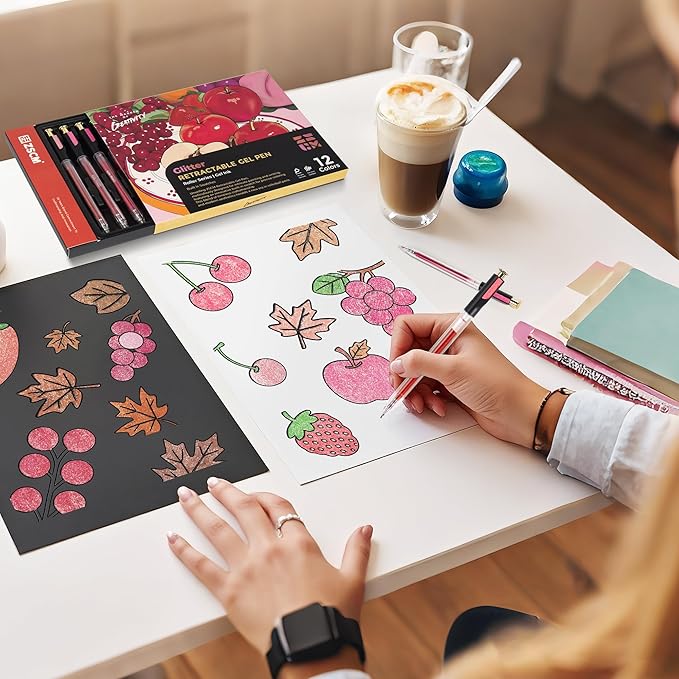 Retractable Glitter Gel Pens, 12 Colors Large Capacity Red Pink Glitter Metallic Gel Ink Pens, 1 mm Fine Point Smooth Writing Color Pens for Adult Coloring Book Note Taking Aesthetic Art Supplies