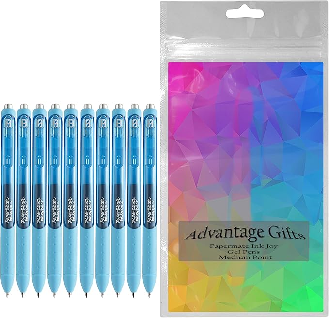 Paper Mate InkJoy Gel Pens, Bright Blue Ink, Medium Point (0.7mm), 10 Count, Bundle with Plastic Reusable Pouch