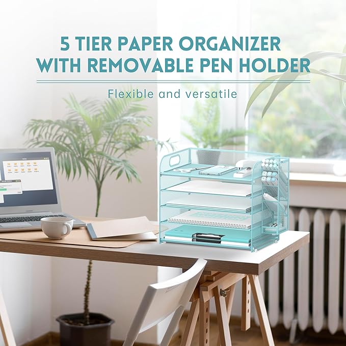 SUPEASY 5 Tier Desk Organizer with Handle & Removable Pen Holders, Mesh Paper/File Organizer for Desk, Paper Letter Tray Organizer for Office Supplies (Blue)