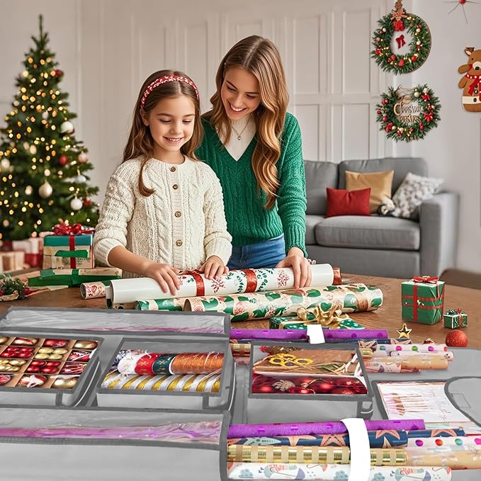 Hanging Gift Wrapping Paper Storage, 48x24 (Extra Large) Grey Double-Sided Christmas Wrapper Bag Container, Oxford Long Craft Roll Organizer, Present Wrap Holder for Closet, Door