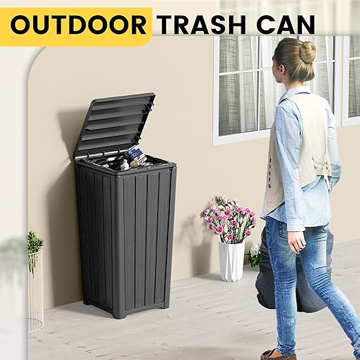 Outdoor Trash Can with Lid, Waterproof Resin Garbage Can with Tiered Lid, Outside Trash Bin for Patio, Kitchen, Backyard or Deck