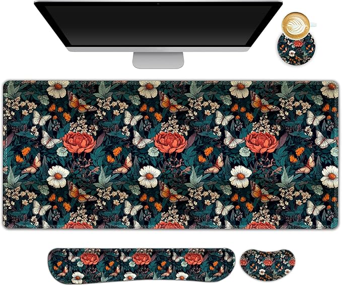 AIMSA XXL Large Gaming Mouse Pad Set with Wrist Rest, Retro Floral Butterfly Pattern, Multicolor, Fabric, Memory Foam, 4 in 1 Combo, Ultra-smooth, Non-slip, Stitched Edges