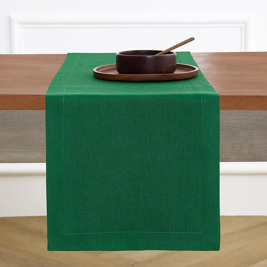 Solino Home Linen Table Runner 108 Inches Long - 100% Pure Linen Christmas Green Dining Table Runner 14 x 108 Inch - Fete