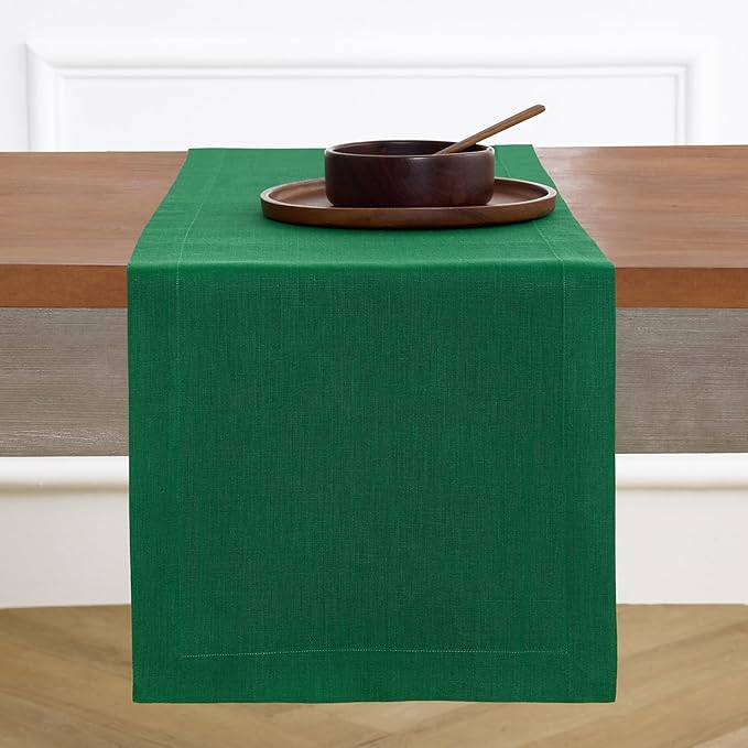 Solino Home Linen Table Runner 60 Inches - 100% Pure Linen Christmas Green Table Runner 14 x 60 Inch Ideal for Dresser and Coffee Tables - Thanksgiving - Fete
