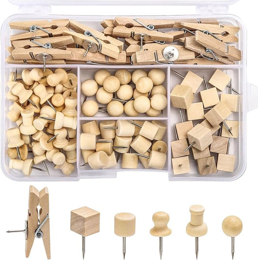 102 Pcs Wood Push Pins 6 Sizes Thumb Tacks for Wall Hangings Corkboard Office or Home