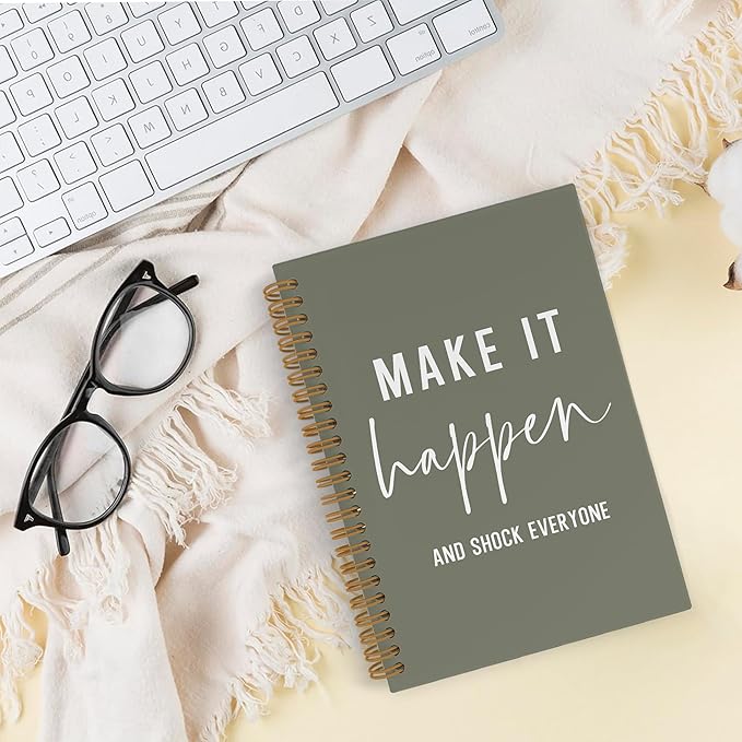 QLMX Make It Happen Motivational Spiral Notebook, Inspirational Journal Notebook, Inspirational Coworker Office Supplies Gifts for Women Men Employee, Green Positive Notebooks for Work, 5.5x8.3 Inch