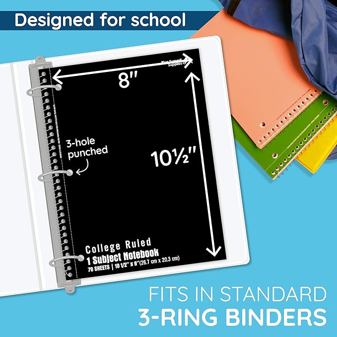 Blue Summit Black Spiral Notebooks Bulk, One Subject Spiral Notebook College Ruled, Perforated Notebook, 8 x 10.5 for Work and School, Paper, College Ruled, Bulk 48 Pack