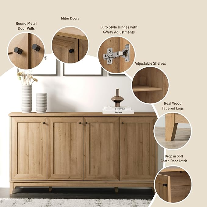 Prepac Yaletown 4 Panel Door Console Table with Storage, Oak Storage Cabinet with Doors and Shelves, Sideboard Storage Cabinet 60" W x 32" H x 16" D, OCBG-2220-1