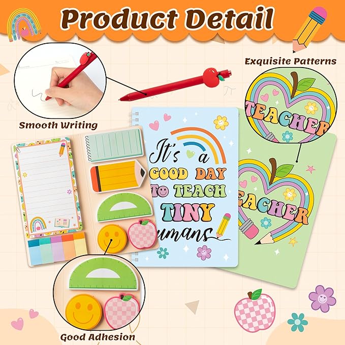 B1ykin Stationery Gift Set - 3Pcs Notebook Sticky Notes, A5 Spiral Notebooks & 550 Sheets Cute Sticky Notes with Pens Kit for Office School Teacher Thanksgiving Supplies (Restro Teacher)