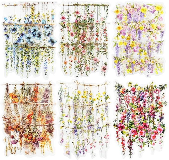 Hanging Floral PET Stickers Set, 60PCS Botanical Flower Stickers for Scrapbooking, Journaling, DIY Crafts, and Art Supplies