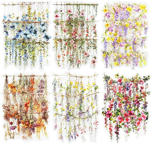 Hanging Floral PET Stickers Set, 60PCS Botanical Flower Stickers for Scrapbooking, Journaling, DIY Crafts, and Art Supplies