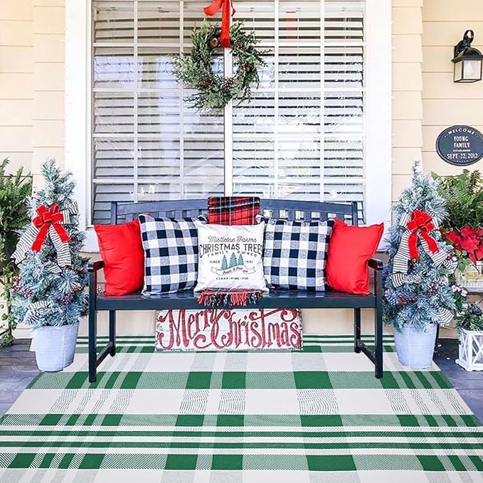 Christmas Plaid Outdoor Rug, 4' x 6' Green&White Checkered Indoor/Outdoor Area Rug, Layering Rug for Hello/Welcome Door Mat, Machine Washable Cotton Woven Rug for Farmhouse Front Porch, Entryway