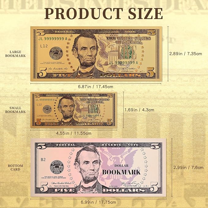 6 PCS Dollar Bill Bookmarks, Cool Waterproof Bookmark, Fancy Book Marks for Book Lovers Reading Women Writers Children, Birthday Gifts for Readers, Reading Accessories, Large & Small Sizes for Books