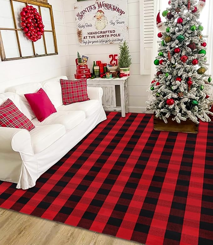 Ckorzen Red and Black Plaid Rug, 8' x 10' Christmas Front Porch Outdoor Rug, Handwoven Cotton Washable Rug for Layered Door Mats, Holiday Entryway and Home Décor