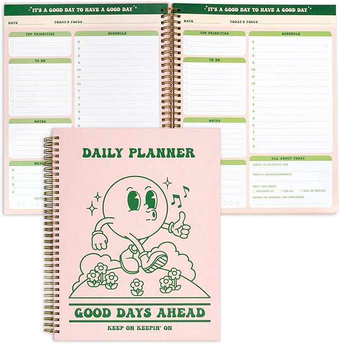 To Do List Cute Planner Undated Notebook, A4 Large Hardcover Spiral Schedule Retro Notebook, Aesthetic Daily for Students Girls Teens , Pink, Green (8.5x11)