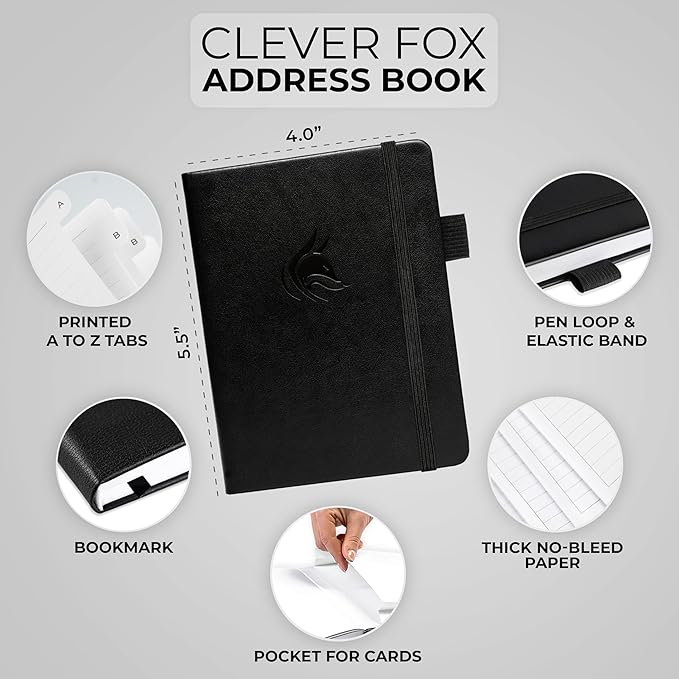 Clever Fox Address Book with alphabetic tabs - PU leather telephone and address book for keeping contacts safe, Contact Organizer Journal, Small Size (4.0″ x 5.5″), Hardcover, Black