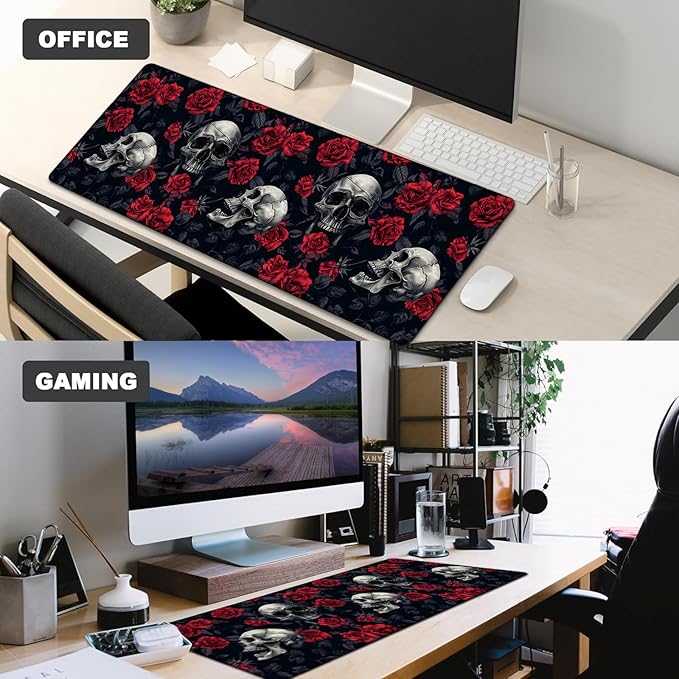 Gothic Skull Rose Gaming Mouse Pad,12x31.5in Non-Slip Rubber Romantic Elegant Desk Mat,Large Extended Goth Mousepad for Office Home Laptop,Mice Pads Gifts,Game Lover Deskmat Decor