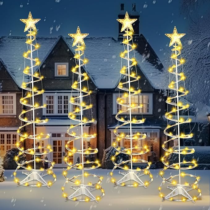 4 Pack 6 Ft LED Spiral Tree Light Christmas Decoration Outdoor Light up Xmas Cone Tree with Topper Star for Indoor Outside Holiday Xmas Light Patio Lawn Garden Yard Decor