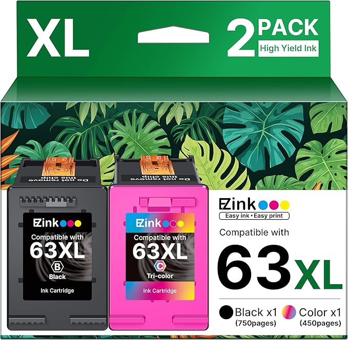 63XL Ink Cartridges Black and Color Remanufactured Replacement for HP Ink 63 for HP 63XL Ink Cartridges Combo Pack Work for HP Officejet 4650 3830 3833 5255 5258 Envy 4520 Deskjet 1112 3637 (2 Pack)