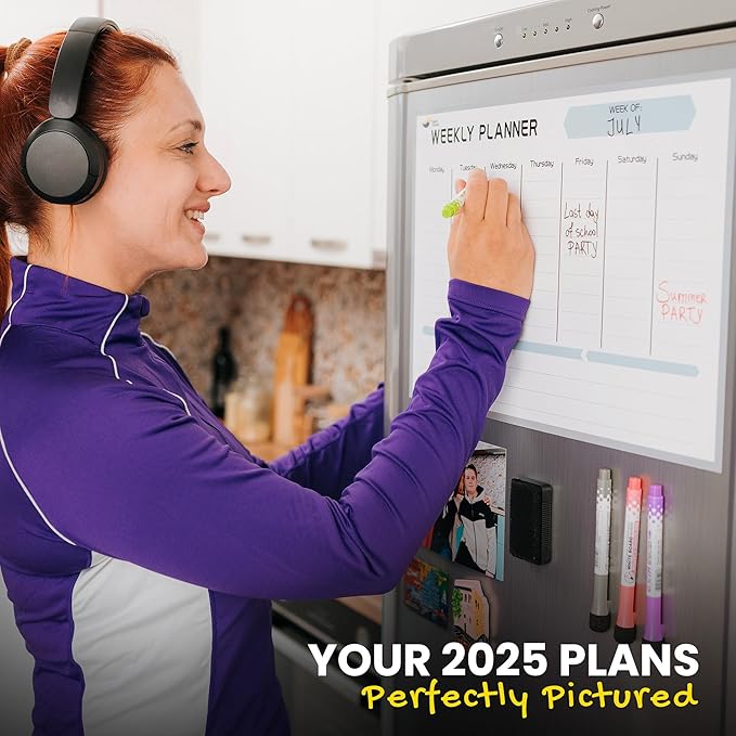 Magnetic Weekly Planner for Fridge – 17x12” Stain-Resistant Weekly Dry Erase Board with Nano Tech – Whiteboard Calendar for 2025 Schedules, Meals & Chores – Easy to Use with 4 Markers & Eraser