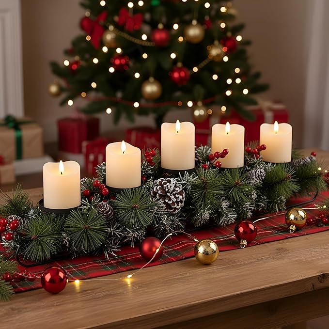 Yungyan Christmas Tabletop Centerpiece 30 Inch, Includes 5 Battery Operated LED Candle Holders, Red Berries, Pine Cones and Base, Christmas Artificial Dinner Table Decorations