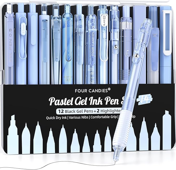 Four Candies 14Pack Pastel Gel Ink Pen Set,Cute Retractable 0.5mm Fine Point Pen,Note Taking Aesthetic Pens,12 Pack Black Ink Pens with 2Pack Highlighter, Smooth Writing Pens for School, Office (Blue)